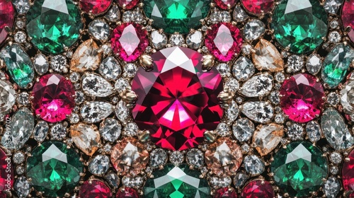 A dazzling seamless pattern featuring diamonds, rubies, and emeralds arranged in a symmetrical and luxurious design