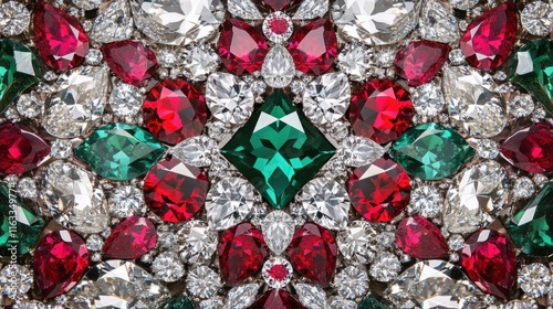 A dazzling seamless pattern featuring diamonds, rubies, and emeralds arranged in a symmetrical and luxurious design