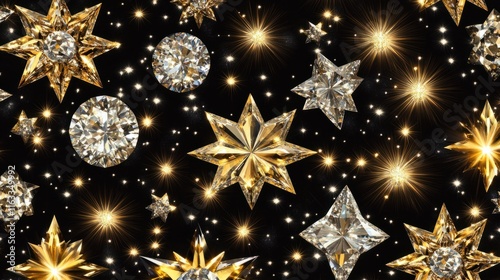 A dazzling seamless pattern of diamonds and golden stars, creating a glamorous texture perfect for high-end designs