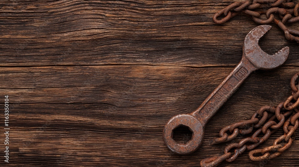 Rusty and worn bolt cutter resting on a weathered grungy wooden surface The industrial tool surrounded by chains and ropes creates a textured and rugged still life composition Rusty and worn bolt cutter resting on a weathered grungy wooden surface The industrial tool surrounded by chains and ropes creates a textured and rugged still life composition