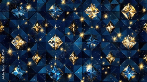 A dazzling seamless pattern of diamonds and golden stars, creating a glamorous texture perfect for high-end designs
