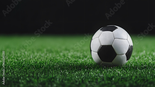 Soccer ball on a green grass background with copy space: Classic sports imagery for football-themed designs.
