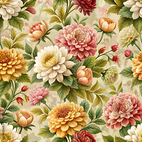 Vintage Floral Pattern. Beautiful Dahlia Flowers and Botanical Art