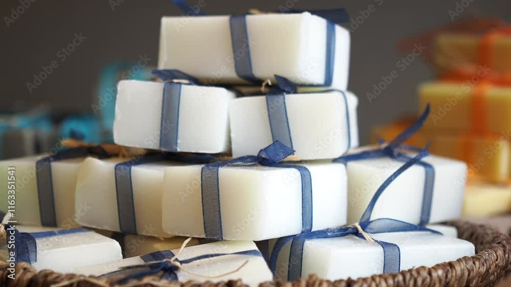 A stack of white soaps with blue ribbons in a basket