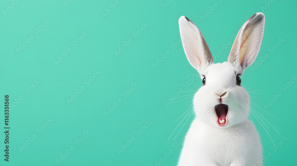 A white rabbit with an open mouth set against a green background, creating a playful and lively atmosphere.
A white rabbit with an open mouth set against a green background, creating a playful and lively atmosphere.