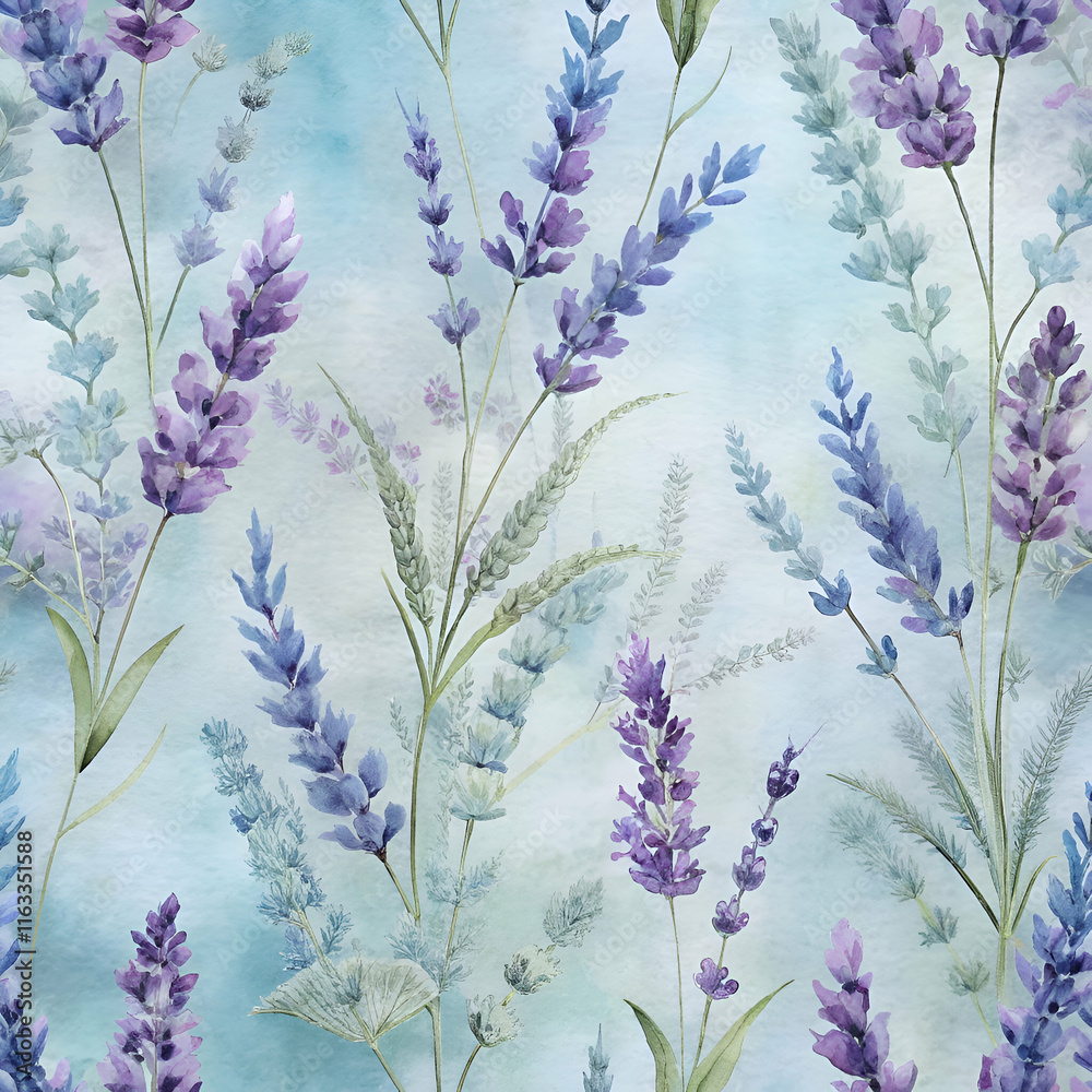 Naklejka premium Watercolor Lavender Flowers. A Delicate Floral Pattern