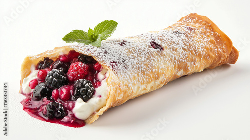 A dessert in the form of a crispy pancake filled with fresh berries, cream, and dusted with powdered sugar photo