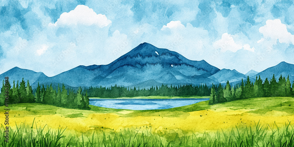 Obraz premium nature spring river landscape watercolor 