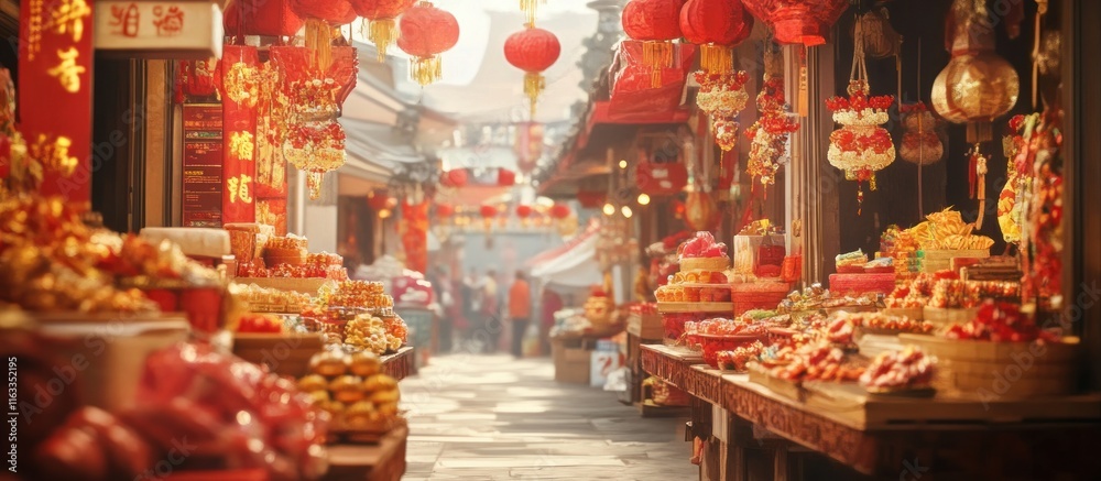 Obraz premium Vibrant Chinese New Year market street scene with red lanterns, decorations, and food stalls.