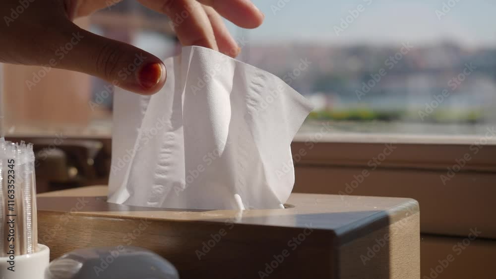  hand pull out a piece of tissue from tissue paper box 