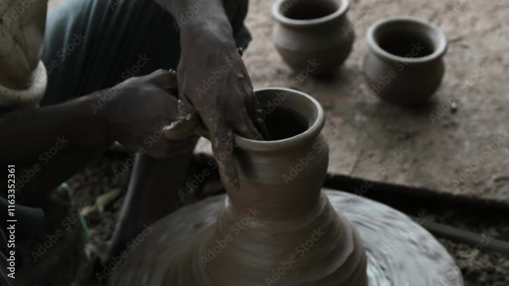 Hands of a potter at work. Potter making ceramic mug on the pottery wheel