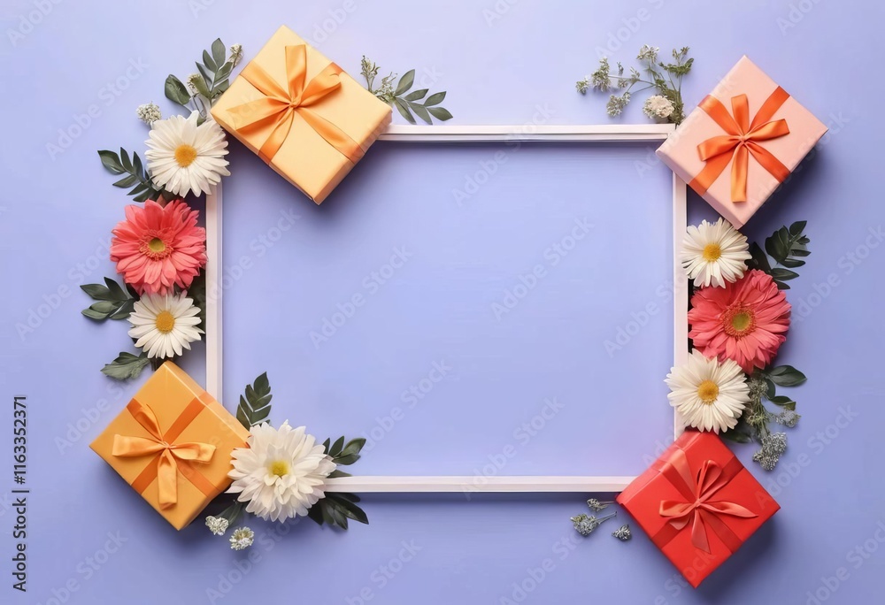 Obraz premium A frame made of colorful gift boxes and flowers on a white background