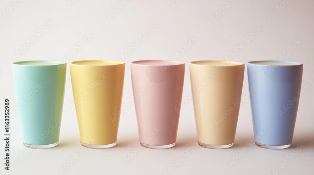 Vibrant Milk Glasses with Natural Lighting on White Background Vibrant Milk Glasses with Natural Lighting on White Background