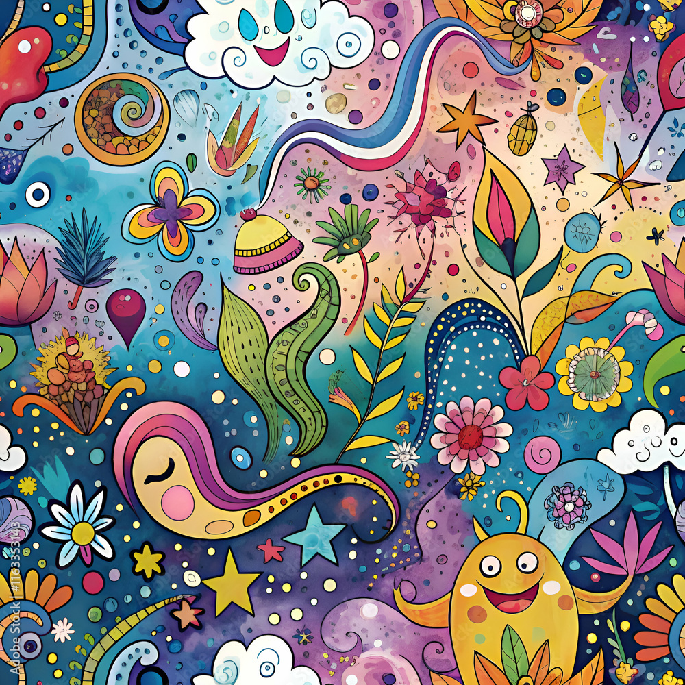 Obraz premium Colorful Floral Pattern with Whimsical Characters
