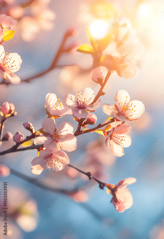 Delicate White Blossoms on a Branch Blooming cherry blossoms against a blue sky Blossoming tree branch on blue sky background. Spring equinox concept
Delicate White Blossoms on a Branch Blooming cherry blossoms against a blue sky Blossoming tree branch on blue sky background. Spring equinox concept