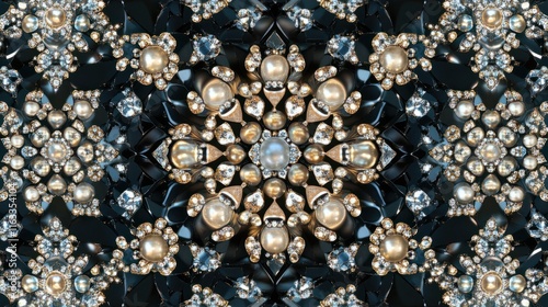 A luxurious seamless design with radiant gems and pearls arranged in a symmetrical and sophisticated pattern