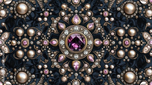 A luxurious seamless design with radiant gems and pearls arranged in a symmetrical and sophisticated pattern