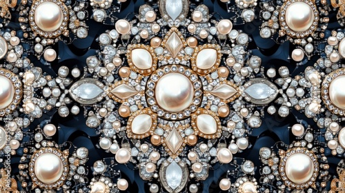 A luxurious seamless design with radiant gems and pearls arranged in a symmetrical and sophisticated pattern