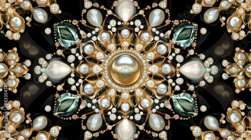 A luxurious seamless design with radiant gems and pearls arranged in a symmetrical and sophisticated pattern