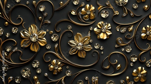 A luxurious seamless design with sparkling diamonds and golden floral motifs, creating a refined and upscale texture