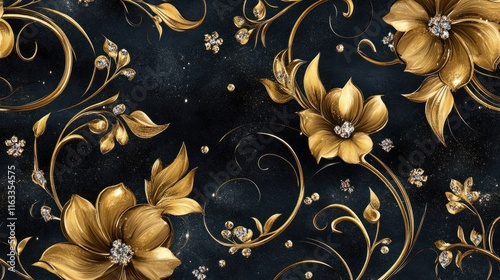 A luxurious seamless design with sparkling diamonds and golden floral motifs, creating a refined and upscale texture