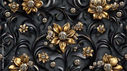A luxurious seamless design with sparkling diamonds and golden floral motifs, creating a refined and upscale texture