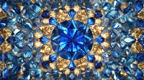 A luxurious seamless pattern of brilliant gemstones in shades of blue and gold, forming a symmetrical geometric design