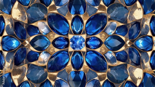 A luxurious seamless pattern of brilliant gemstones in shades of blue and gold, forming a symmetrical geometric design