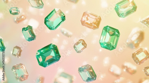 A radiant seamless pattern of diamonds and emeralds glowing against a soft pastel background, creating a luxurious effect