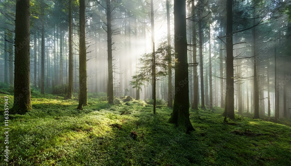 Fototapeta premium 朝の光が差し込み、霧が立ち込める深い森