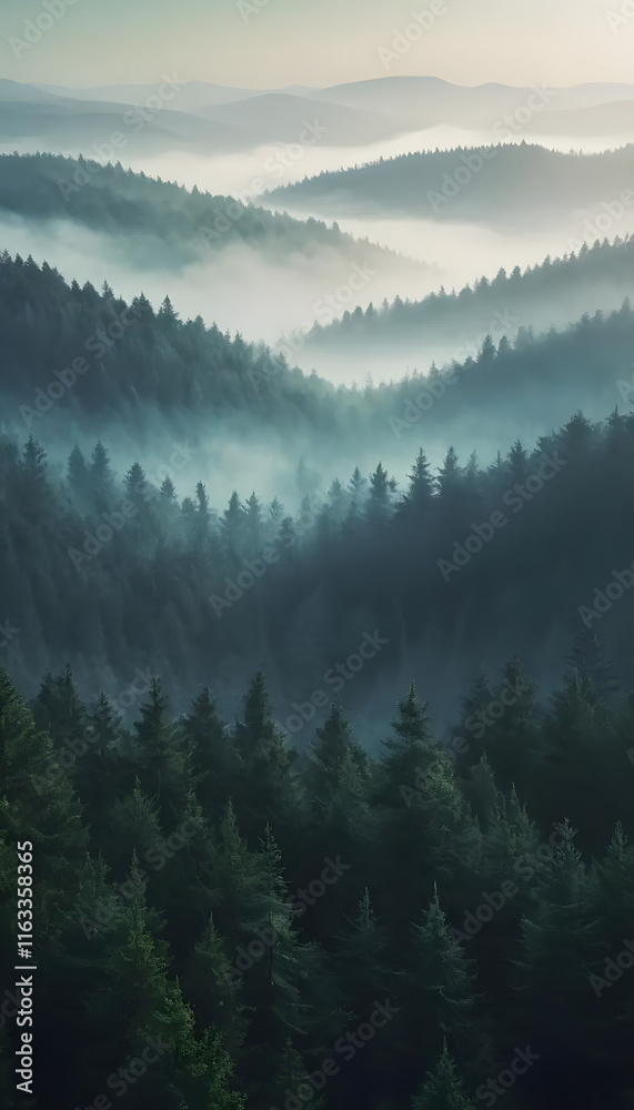 Naklejka premium Gradient calming nature foggy forest view phone wallpaper background, ai generated