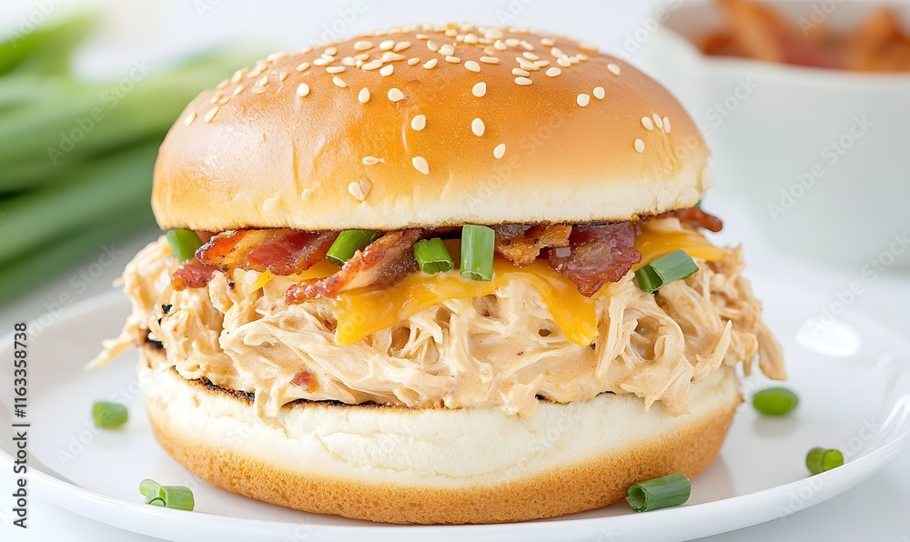 A hearty and delicious ranch chicken sandwich served on a toasted sesame seed bun, Generative AI A hearty and delicious ranch chicken sandwich served on a toasted sesame seed bun, Generative AI
