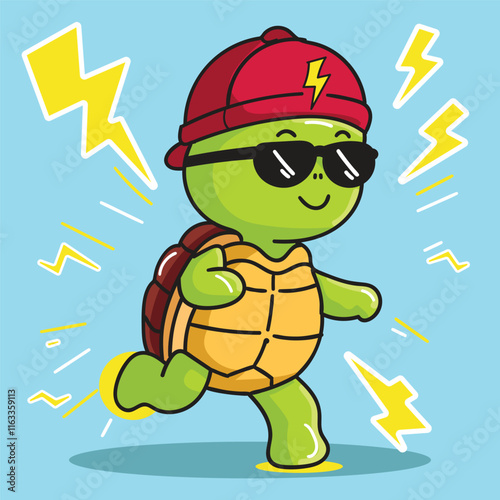 a cute turtle run with high speed and wearing hat and sunglasses good for sticker, design element, or meme