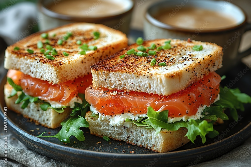 Fresh healthy salmon sandwich with lettuce and cucumber with paper cup of coffee on white stone background. Breakfast snack Fresh healthy salmon sandwich with lettuce and cucumber with paper cup of coffee on white stone background. Breakfast snack