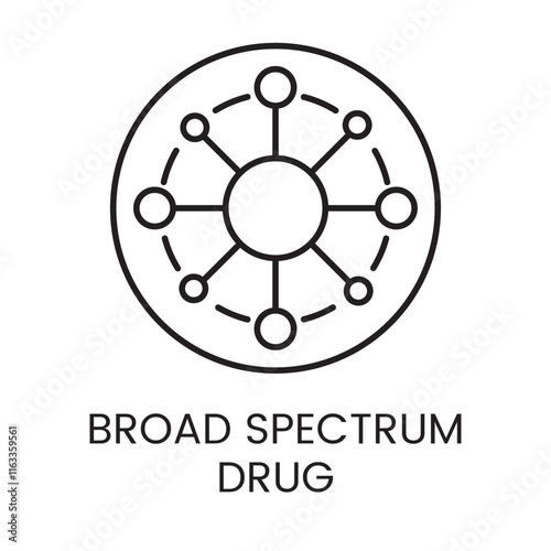 An icon of a central circle connected to smaller circles with dashed and solid lines in vector, symbolizing the widespread network of a broad spectrum drug, with an editable stroke