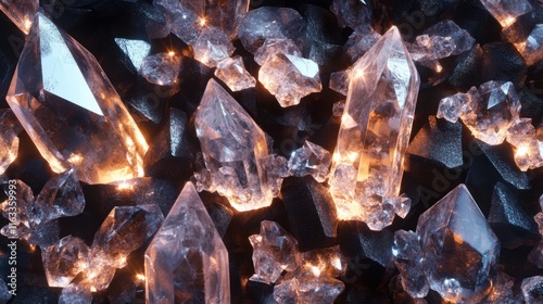 A seamless arrangement of sparkling crystals in various shapes, creating an elegant and refined background texture