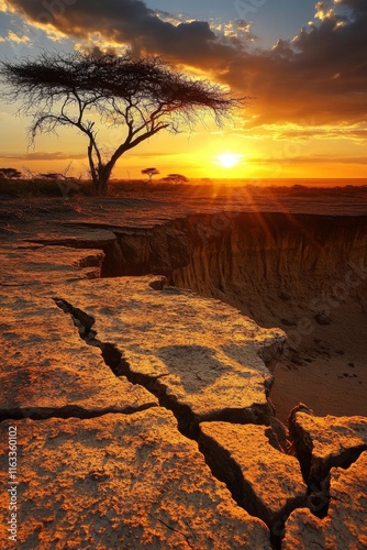 Setting sun shines over Marafa depression (Hell's Kitchen) geological formation near Watamu, Kenya photo