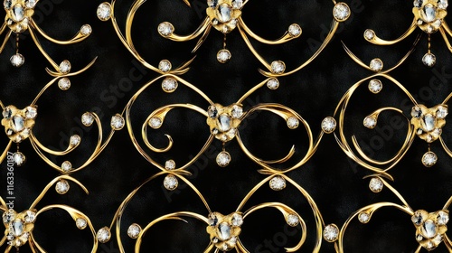 A seamless design with brilliant crystals and gold accents, forming an intricate lattice pattern on a black backdrop