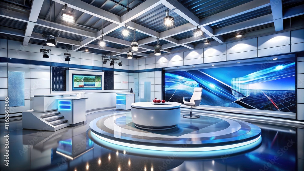Modern Minimalist Television Studio Design for Sports Program with Geometric Symmetry and Bright Lighting Modern Minimalist Television Studio Design for Sports Program with Geometric Symmetry and Bright Lighting