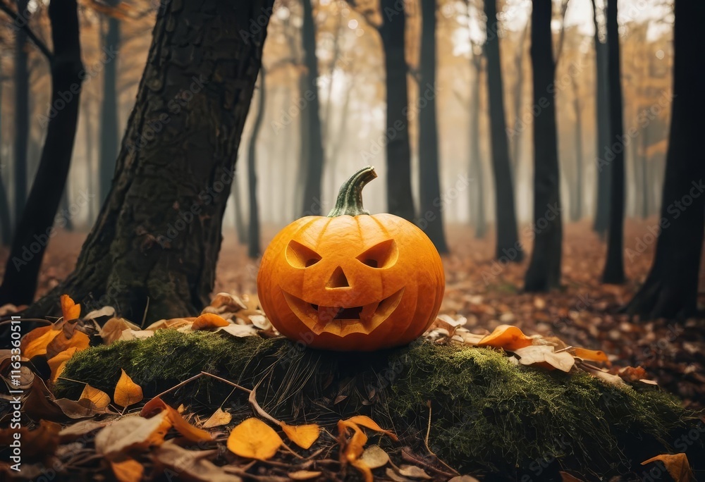 A small pumpkin sitting on a bed of autumn leaves in a forest with a misty atmosphere. A small pumpkin sitting on a bed of autumn leaves in a forest with a misty atmosphere.