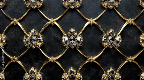 A seamless design with brilliant crystals and gold accents, forming an intricate lattice pattern on a black backdrop