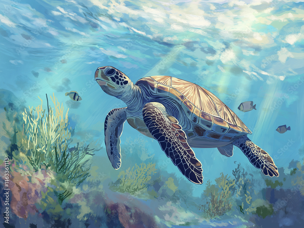 Fototapeta premium Sea Turtle Swimming in Crystal Clear Sea Water – Underwater Marine Life Photography