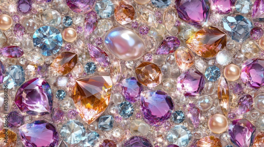 A seamless pattern of colorful crystals and pearls arranged in a harmonious and opulent composition, perfect for luxury themes A seamless pattern of colorful crystals and pearls arranged in a harmonious and opulent composition, perfect for luxury themes