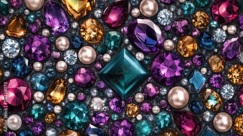 A seamless pattern of colorful crystals and pearls arranged in a harmonious and opulent composition, perfect for luxury themes