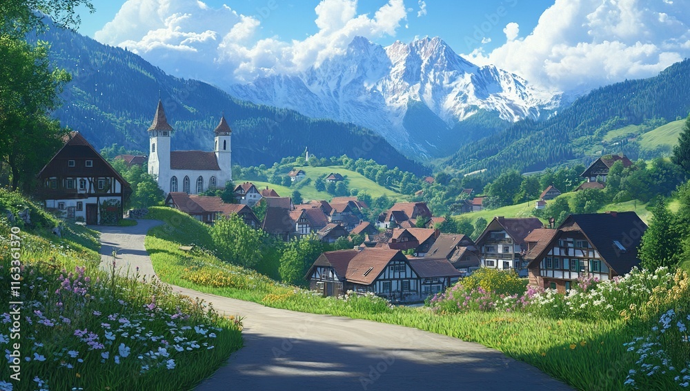 Serene Alpine Village nestled in the majestic Swiss Alps Serene Alpine Village nestled in the majestic Swiss Alps
