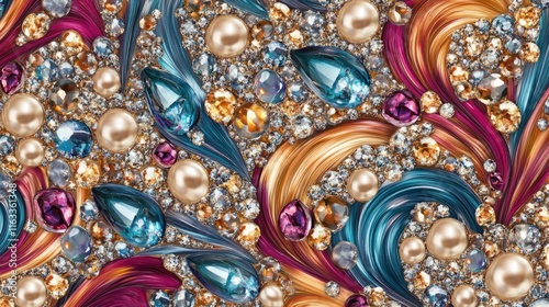 A seamless pattern of multicolored crystals and pearls arranged in a flowing and refined texture, creating a luxurious feel