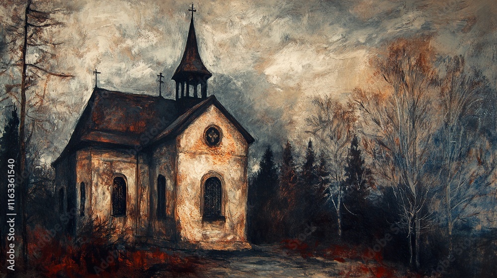 Secluded Chapel in the Woods: A Gothic Landscape Painting Secluded Chapel in the Woods: A Gothic Landscape Painting