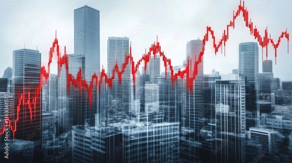 Fototapeta premium Economic crisis concept shown by declining graphs and digital indicators overlap modernistic city background. Double exposure.