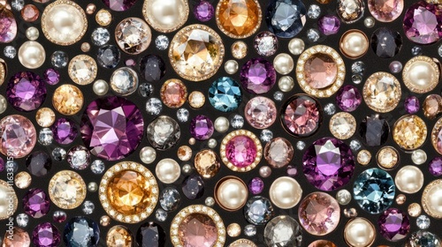 A seamless pattern of radiant gemstones and pearls, arranged in a harmonious and luxurious texture perfect for upscale themes