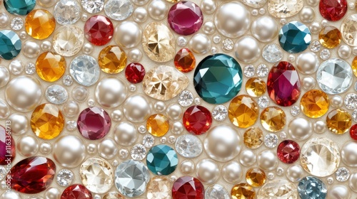 A seamless pattern of radiant gemstones and pearls, arranged in a harmonious and luxurious texture perfect for upscale themes